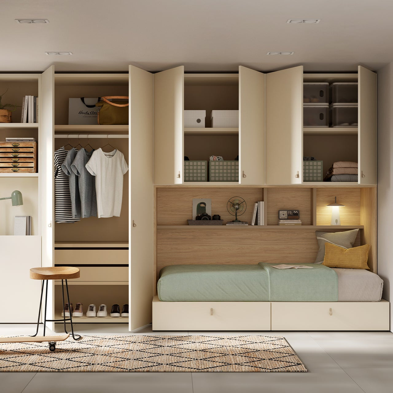 Integrated Bed with Optional Storage and Hidden Desk